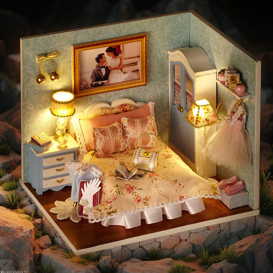 Floral Romance Retreat – DIY Miniature Bedroom Kit with Music & LED | Elegant Handcrafted Decor for Adults & Teens