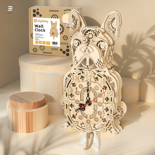 JigToy Kuka Bulldog Wall Clock – 3D Wooden Puzzle Kit (44‑Piece DIY Mechanical Timepiece, Rustic Modern Décor)