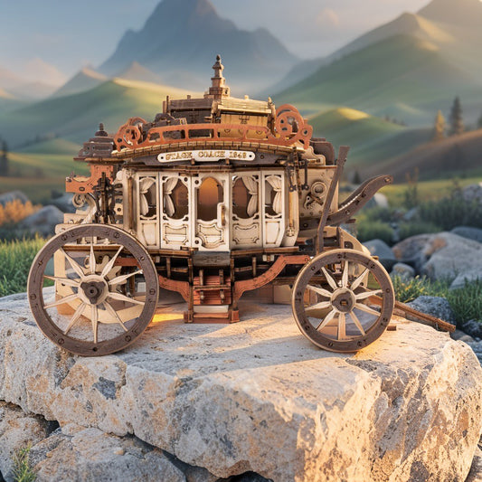 ROBOTIME “Victorian Stagecoach” – Mechanical 3D Wooden Puzzle & Music Box with Moving Figurines (Plays Greensleeves)