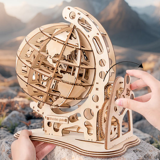 3D Wooden Mechanical Rotating Globe Puzzle – DIY Gear‑Driven World Model Kit (10 × 13.5 × 17 cm)