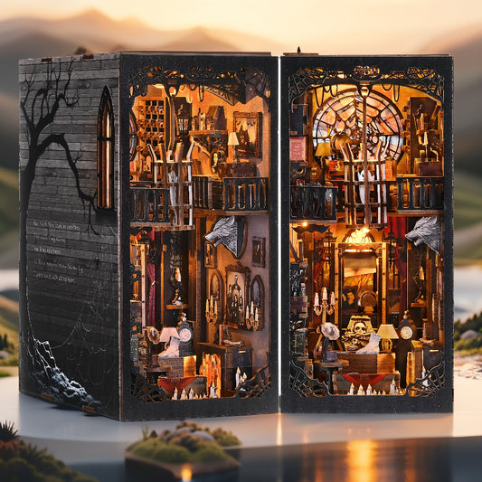Dark Family Mansion Book Nook Kit – DIY Gothic Diorama with LED Lights, Miniature Haunted House & Bookshelf Insert (TOYQI)