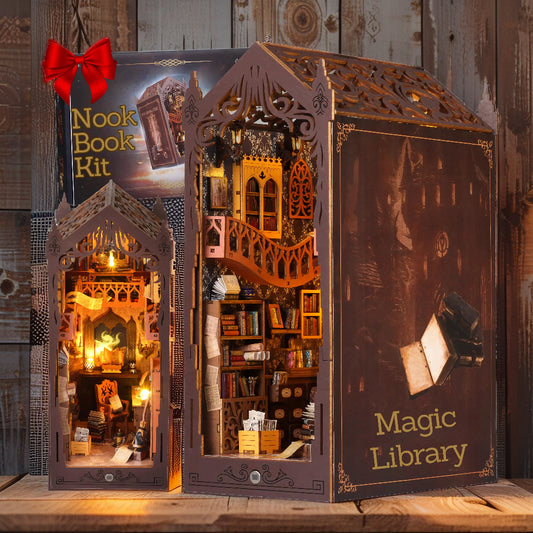 Magic Library Book Nook Kit – DIY Fantasy Bookshelf Diorama with LED Lights & Beginner‑Friendly Build (3D Wooden Puzzle for Adults & Teens)