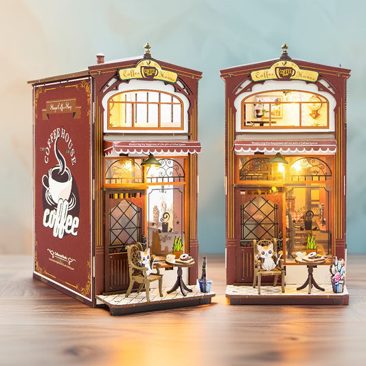 Coffee House Book Nook Kit – DIY Miniature Café Scene with LED Lights & Wooden Bookshelf Insert (3D Puzzle for Adults & Teens)