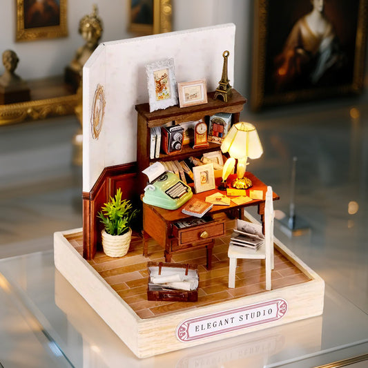 Elegant Studio DIY Miniature Kit | Modern Office with Dust Cover & LED