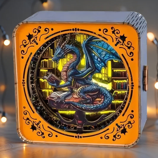 The Wyrm's Library DIY Light Box | 3D Layered Wooden Reading Dragon Puzzle