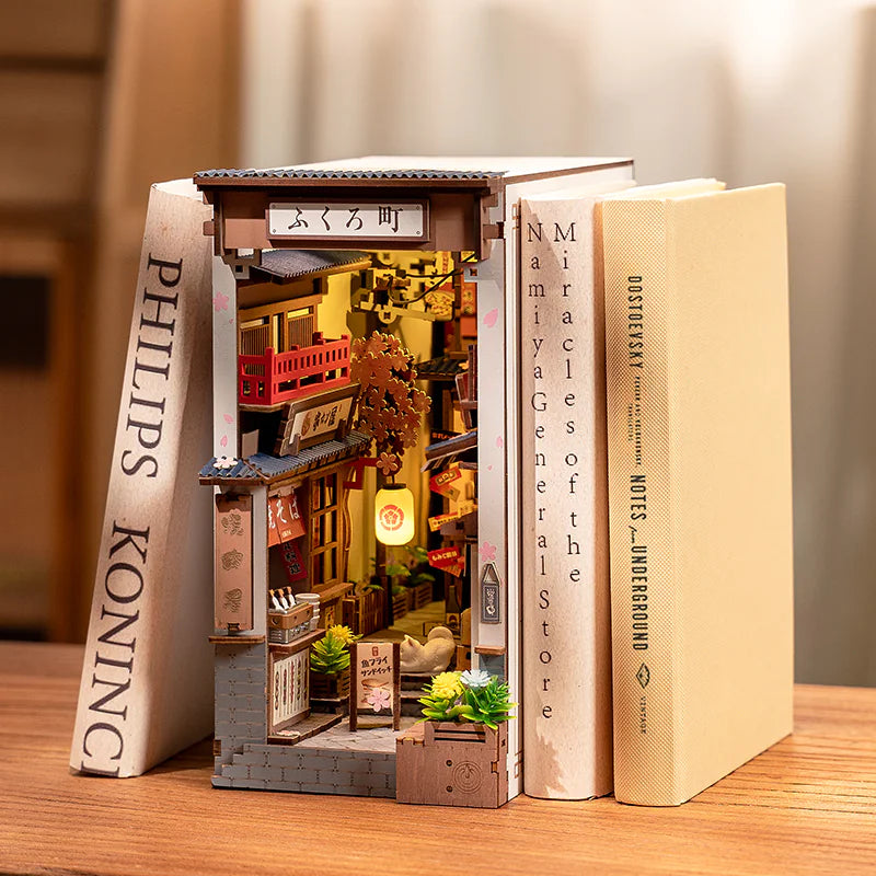 ROBOTIME Sakura Wine Alley Book Nook – DIY Japanese Lantern Street Puzzle Kit with LED Lights & Cherry Blossom Details