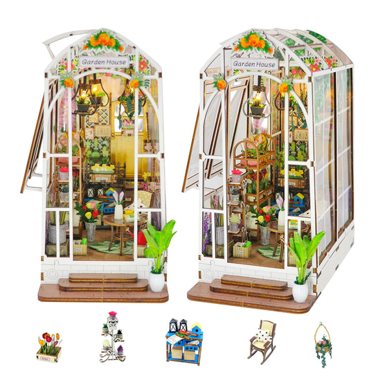 Romantic Garden House Book Nook Kit – DIY Miniature Dollhouse with LED Lights, Floral Decor & Dust Cover (Flever 3D Wooden Puzzle for Adults & Teens)