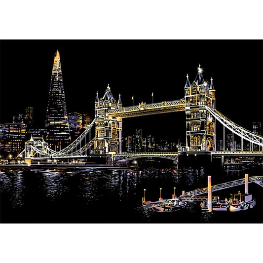 London Tower Bridge Night Scratch Art Kit – DIY Landmark Reveal with Illuminated Towers & River Reflections (40.5×28.5 cm with Tools)