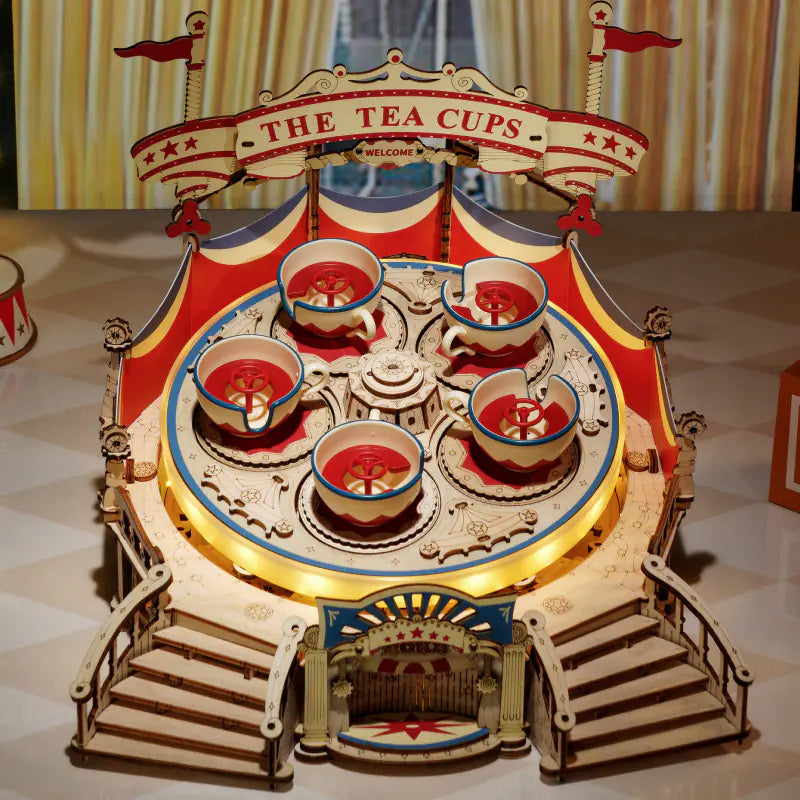 Fairground Teacup Ride – Hand‑Crafted Wooden Music Box (Intricate 3D Puzzle & Display Piece)