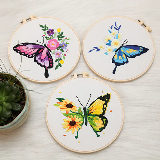 🦋 Butterfly DIY Art Embroidery Kit – 3 Floral Variants | Complete Beginner Set