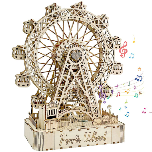 Grand Ferris Wheel Music Box – 3D Wooden Puzzle Kit (DIY Mechanical Model, Rotating Amusement Ride with Melody)