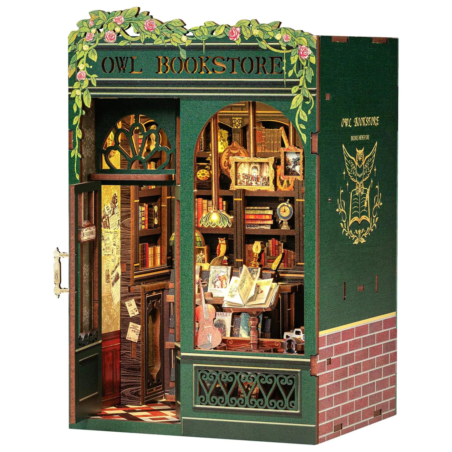 Owl Bookstore Book Nook Kit – DIY Miniature Renaissance Library with LED Lights & Classical Decor (CUTEBEE Wooden Puzzle for Beginners & Adults)