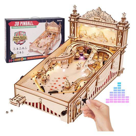 ROKR Miniature Pinball Machine – 3D Wooden Puzzle Kit with Lights, Sound & Tracks (12H Build Time)