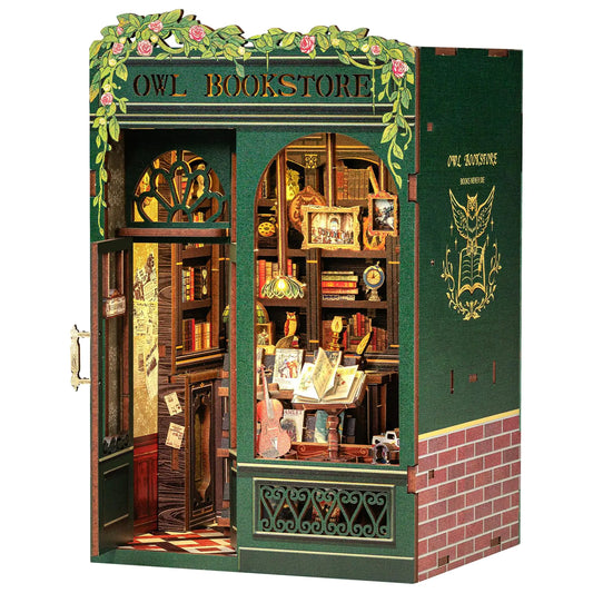 Owl Bookstore Book Nook Kit – DIY Miniature Renaissance Library with LED Lights & Classical Decor (CUTEBEE Wooden Puzzle for Beginners & Adults)