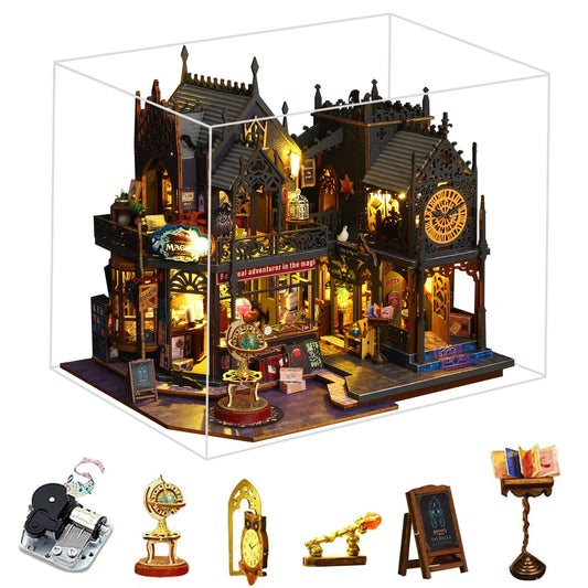 DIY Miniature Dollhouse Kit – Holo Magic City Wizard Study with LED Lights, Dust Cover & Music Box (9.4 x 7.5 x 8.5 in)