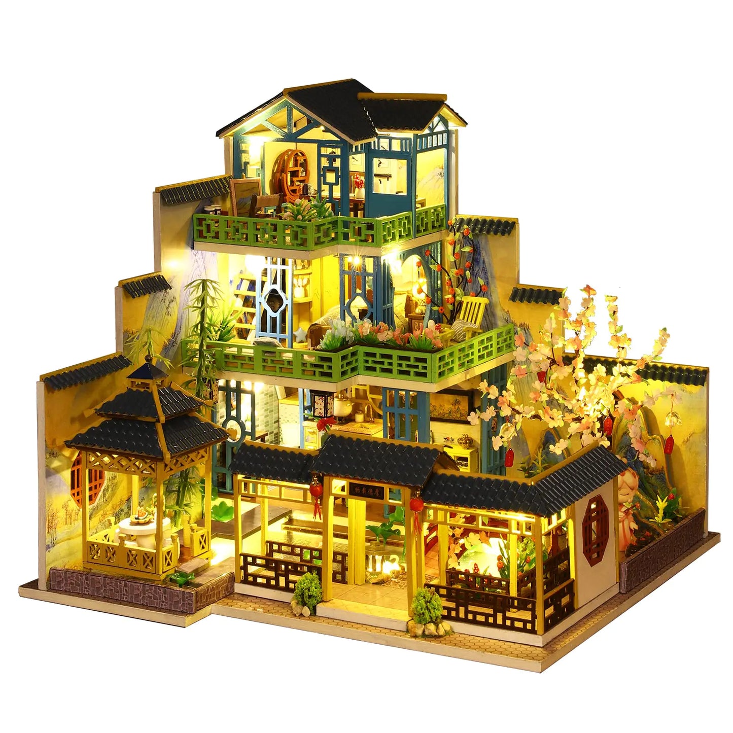 Moonlight Pagoda Villa – DIY Miniature Castle Kit with LED Lights & Music Box (1:24 Scale)
