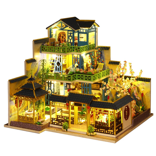 Moonlight Pagoda Villa – DIY Miniature Castle Kit with LED Lights & Music Box (1:24 Scale)