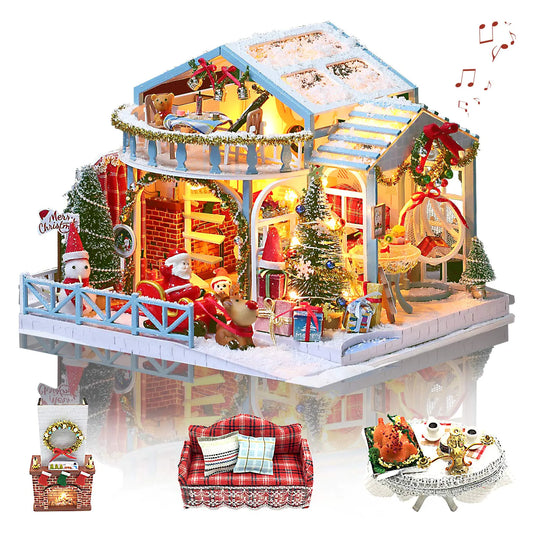 DIY Miniature Christmas House Kit – Cozy Holiday Boutique with LED Lights & Music Box (1:24 Scale)