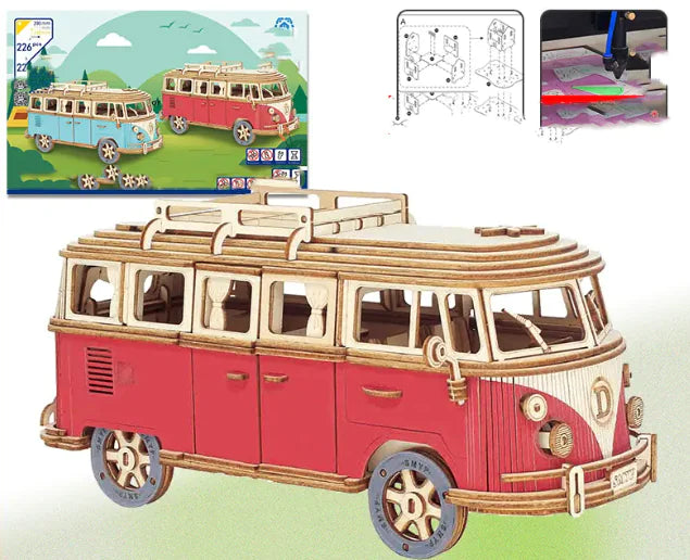 DIY Wooden 3D Camper Puzzle – Red or Blue Variant (226 Pieces, Ages 15+)